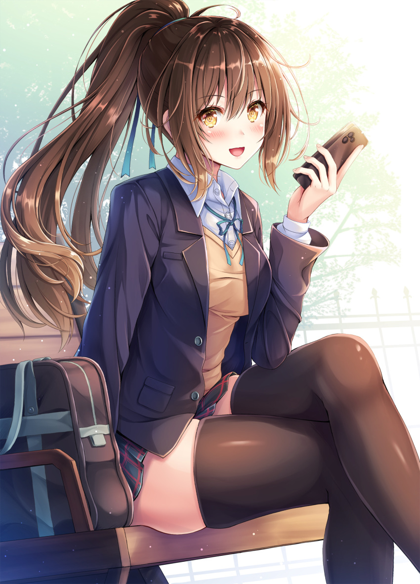 1girl akashio_(loli_ace) bag black_legwear black_skirt blazer blue_jacket breasts brown_hair brown_sweater buttons cellphone collared_shirt crossed_legs highres holding jacket long_hair looking_at_viewer medium_breasts miniskirt open_clothes open_jacket open_mouth original phone ponytail school_bag school_uniform shirt sidelocks sitting skindentation skirt smartphone smile solo sweater thigh-highs undershirt white_shirt wing_collar yellow_eyes