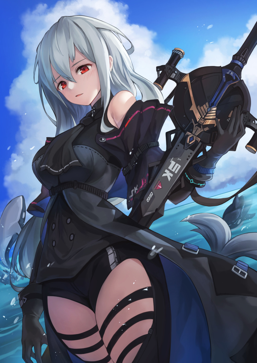 1girl absurdres arknights bangs bare_shoulders black_gloves black_pants blush breasts clouds cloudy_sky commentary_request eyebrows_visible_through_hair from_below gloves hair_between_eyes highres holding holding_weapon large_breasts long_hair looking_at_viewer miso_(b7669726) ocean outdoors pants parted_lips red_eyes shirt silver_hair skadi_(arknights) sky solo thigh_cutout very_long_hair weapon