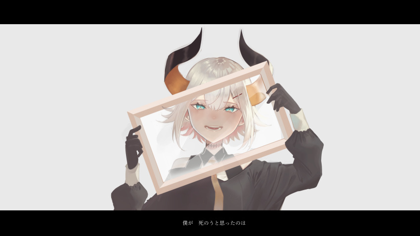 1girl blue_eyes demon_girl eyebrows_visible_through_hair gloves hair_ornament hairclip highres horns letterboxed levi_elipha necktie nijisanji open_mouth picture_frame short_hair silver_hair solo upper_body virtual_youtuber wahaha_(shiki)