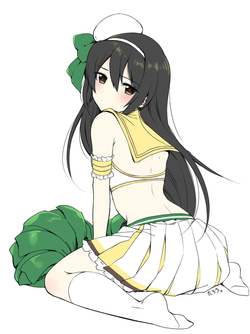 1girl artist_name back bangs beret black_hair blush bow brown_eyes closed_mouth commentary crop_top frilled_armband frilled_skirt frills from_behind full_body girls_und_panzer green_bow hairband hat hat_bow highres holding holding_pom_poms kneehighs komekueyo long_hair looking_at_viewer looking_back mini_hat miniskirt pleated_skirt pom_poms reizei_mako sailor_collar signature simple_background skirt solo tilted_headwear white_background white_hairband white_legwear white_skirt