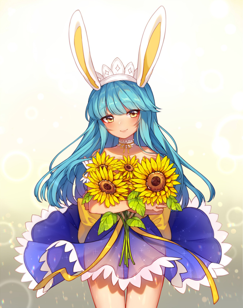 1girl absurdres animal_ears bangs bare_shoulders blue_dress blue_hair blunt_bangs blush brown_eyes closed_mouth collarbone crossed_arms dress eyebrows_visible_through_hair fake_animal_ears flower hairband highres holding holding_flower long_hair looking_at_viewer oma-chi original rabbit_ears ribbon smile solo sunflower yellow_ribbon