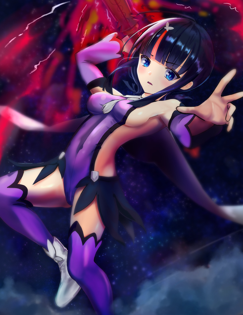 1girl absurdres ahoge bangs bare_shoulders black_hair blue_eyes blue_ribbon breasts commentary_request eyebrows_visible_through_hair fate/grand_order fate/requiem fate_(series) highres holding holding_weapon long_sleeves looking_at_viewer magatama medium_breasts medium_hair multicolored_hair pan_korokorokoro pink_hair purple_legwear ribbon shoes sideboob streaked_hair thigh-highs utsumi_erise weapon white_footwear