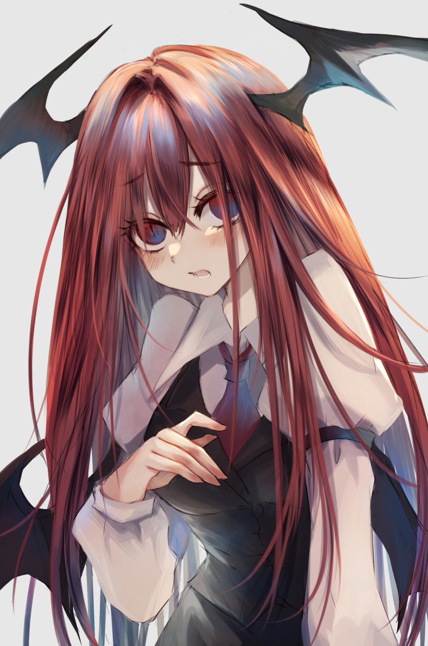 1girl absurdres black_wings blush breasts demon_wings empty_eyes eyebrows_visible_through_hair grey_background head_wings highres juliet_sleeves koakuma long_hair long_sleeves looking_at_viewer maho_moco medium_breasts necktie open_mouth puffy_sleeves red_eyes red_neckwear redhead simple_background slit_pupils solo touhou upper_body wings