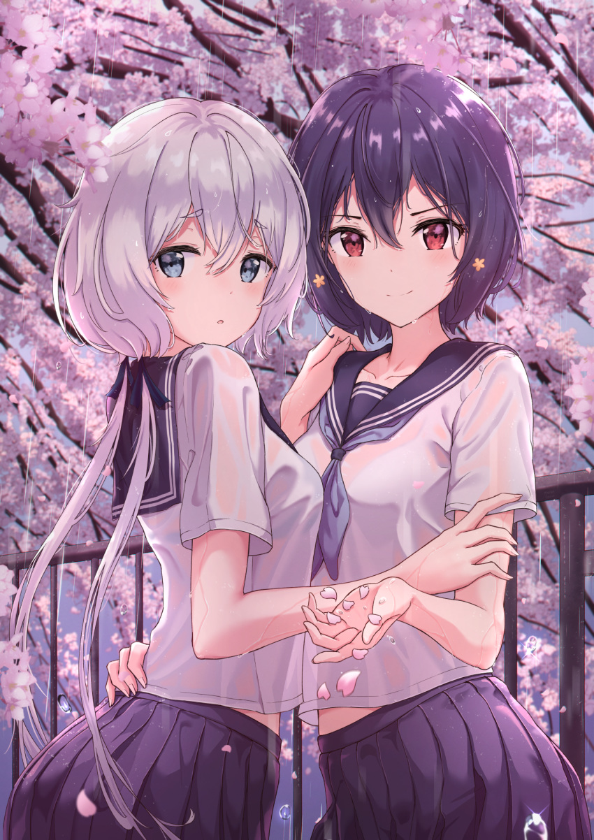 2girls black_hair black_skirt blue_eyes blush breasts cherry_blossoms collarbone commentary eyebrows_visible_through_hair hair_between_eyes hair_ornament hair_ribbon hand_on_another's_waist highres konno_junko long_hair looking_at_viewer low_twintails marinesnow medium_breasts mizuno_ai multiple_girls open_mouth pleated_skirt rain red_eyes ribbon school_uniform serafuku shirt short_hair silver_hair skirt smile twintails wet wet_clothes white_shirt yuri zombie_land_saga