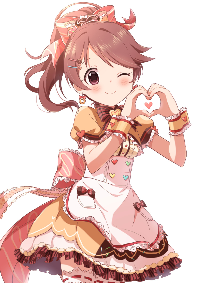 1girl absurdres buchi_(y0u0ri_) doughnut dress earrings food food_themed_clothes food_themed_hair_ornament frilled_dress frills hair_ornament heart heart_hands highres idol idolmaster idolmaster_cinderella_girls idolmaster_cinderella_girls_starlight_stage jewelry looking_at_viewer one_eye_closed ribbon shiina_noriko simple_background sleeve_cuffs smile solo white_background