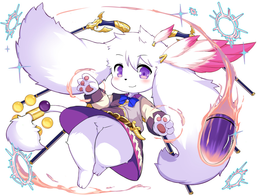 :3 animal_nose blush bullet commentary freikugel_(fullbokko_heroes) fullbokko_heroes furry gender_request looking_at_viewer pawpads simple_background solo takeshi-kemo violet_eyes weapon_request white_background white_fur