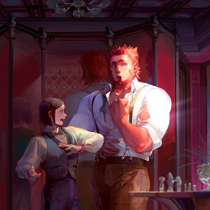 2boys bangs beard black_bow black_hair black_neckwear blurry bob_cut bow bowtie brown_pants ceiling ceiling_light chess_piece clenched_hand depth_of_field dress_shirt dressing facial_hair fate/zero fate_(series) flexing formal frown furrowed_eyebrows hand_on_own_stomach hand_up highres indoors iskandar_(fate) long_sleeves male_focus mirror multiple_boys muscle open_mouth outstretched_hand pants pose profile purple_pants red_eyes red_skin redhead reflection shirt spiky_hair surprised suspenders table taro-k torn_clothes torn_sleeves untied vase veins vest wardrobe_malfunction waver_velvet white_shirt wing_collar