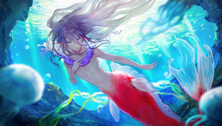 1boy animal bishounen blue_background blue_eyes bubble completely_nude fins floating_hair full_body head_fins highres jellyfish long_hair looking_at_viewer male_focus merman monster_boy multicolored_eyes nude open_mouth original purple_hair red_scales scales seaweed solo swimming underwater very_long_hair waterstaring yellow_eyes