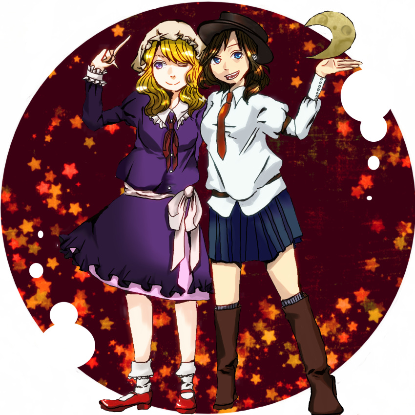 black_skirt boots crescent_moon dress fedora hat highres maribel_hearn mob_cap moon purple_dress red_background red_neckwear round_background shirt skirt skyrocket813 star_(symbol) touhou usami_renko white_shirt