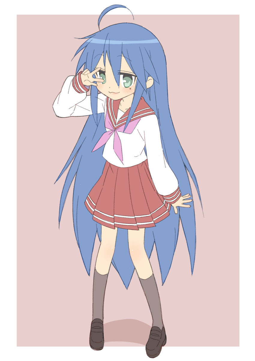 1girl :3 absurdres ahoge arm_at_side black_footwear blue_hair blush border brown_background closed_mouth donguri_suzume eyebrows_visible_through_hair green_eyes grey_legwear highres izumi_konata jitome loafers long_hair long_sleeves looking_at_viewer lucky_star mole mole_under_eye neckerchief pink_neckwear pleated_skirt red_sailor_collar red_skirt sailor_collar school_uniform serafuku shirt shoes simple_background skirt smile socks solo standing very_long_hair w w_over_eye white_border white_shirt
