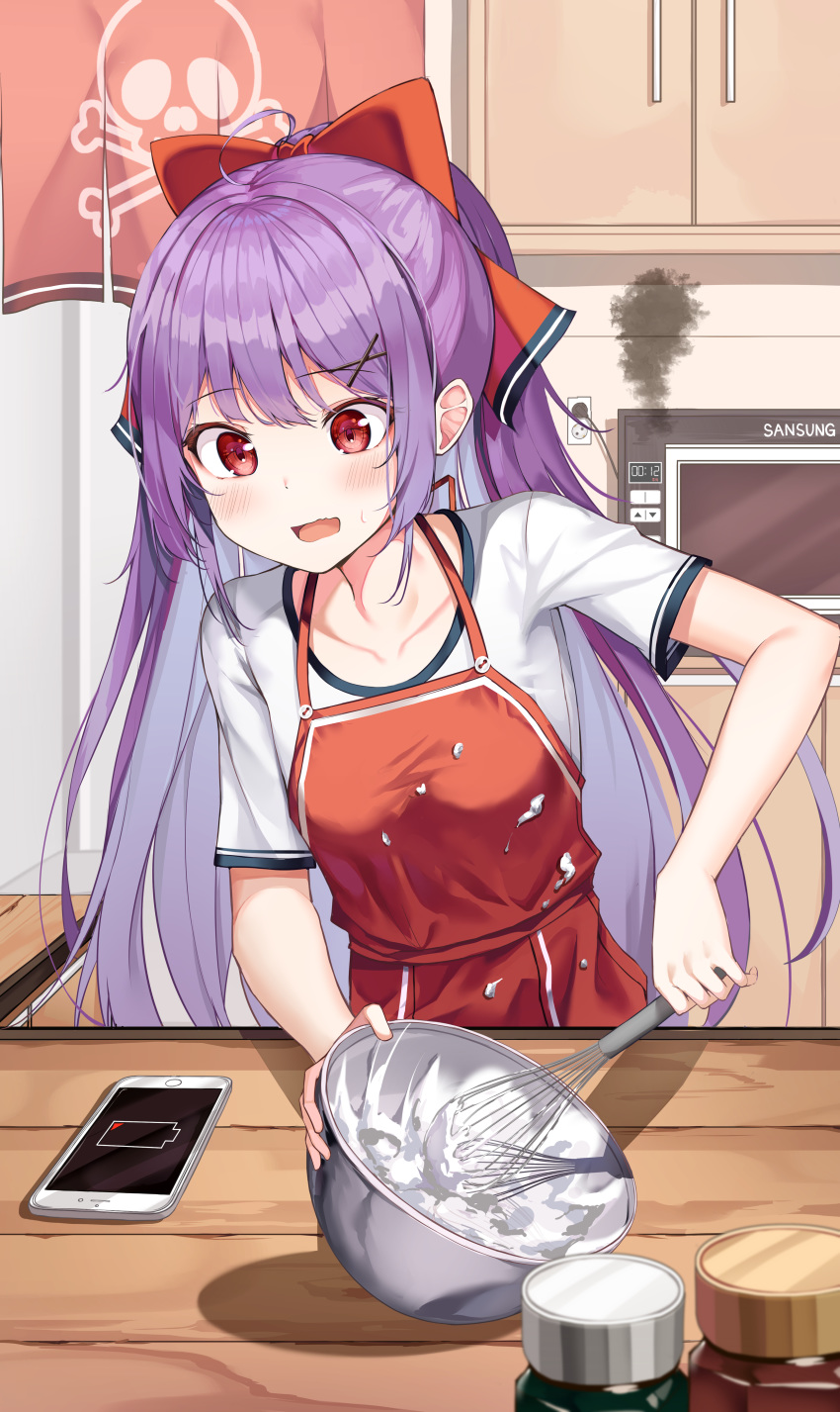 1girl absurdres ahoge apple_ringo apron bangs blush bow cellphone collarbone commentary cream eyebrows_visible_through_hair hair_bow hair_ornament highres holding indoors kitchen long_hair microwave open_mouth original phone purple_hair red_apron red_bow shirt smile solo white_shirt x_hair_ornament