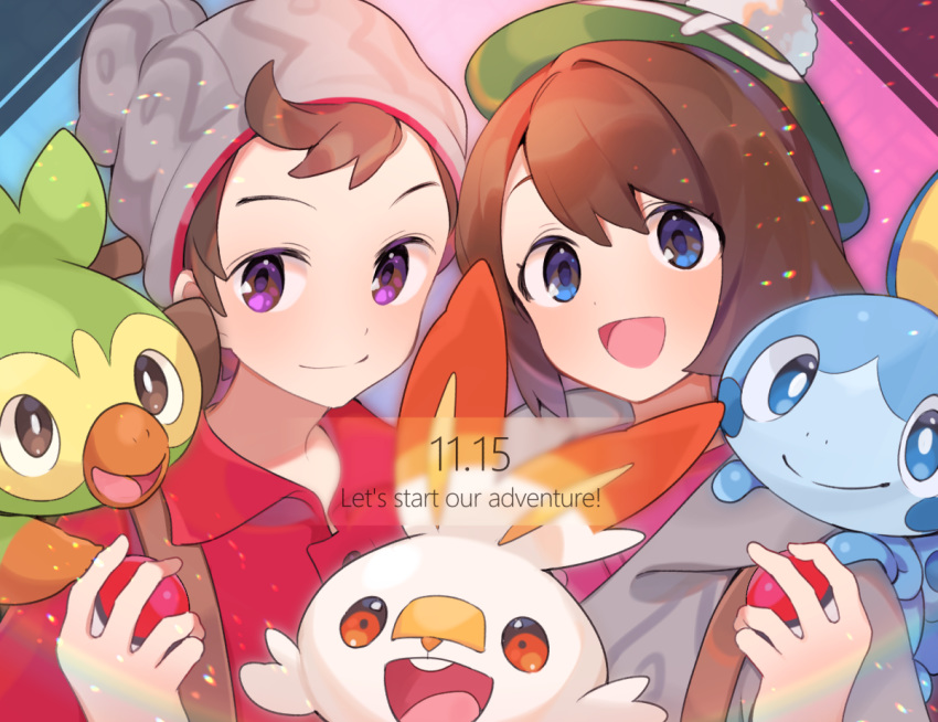 1boy 1girl akagashi_hagane blue_eyes blush brown_hair closed_mouth eyebrows_visible_through_hair gen_8_pokemon green_headwear grookey looking_at_viewer masaru_(pokemon) open_mouth pokemon pokemon_(creature) pokemon_(game) pokemon_swsh scorbunny short_hair smile sobble tam_o'_shanter violet_eyes yuuri_(pokemon)