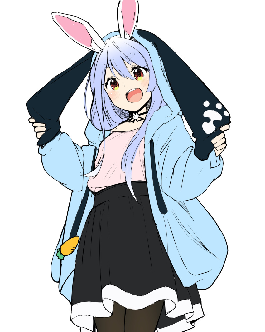 1girl absurdres alternate_costume alternate_hairstyle animal_ears aqua_jacket black_choker black_legwear black_skirt blouse blush breasts carrot carrot_print casual choker cowboy_shot eyebrows_visible_through_hair food_print hair_between_eyes highres hololive hood hooded_jacket jacket light_blue_hair long_hair looking_at_viewer miniskirt nejime open_mouth pantyhose pink_blouse rabbit_ears red_eyes simple_background skirt small_breasts smile solo thick_eyebrows usada_pekora virtual_youtuber white_background