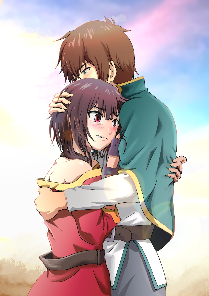 1boy 1girl absurdres belt blush brown_hair capelet collar commentary crying crying_with_eyes_open dress eyebrows_visible_through_hair fingerless_gloves gloves green_eyes highres hug kono_subarashii_sekai_ni_shukufuku_wo! megumin off_shoulder oyaji2436 red_dress red_eyes satou_kazuma short_hair tears