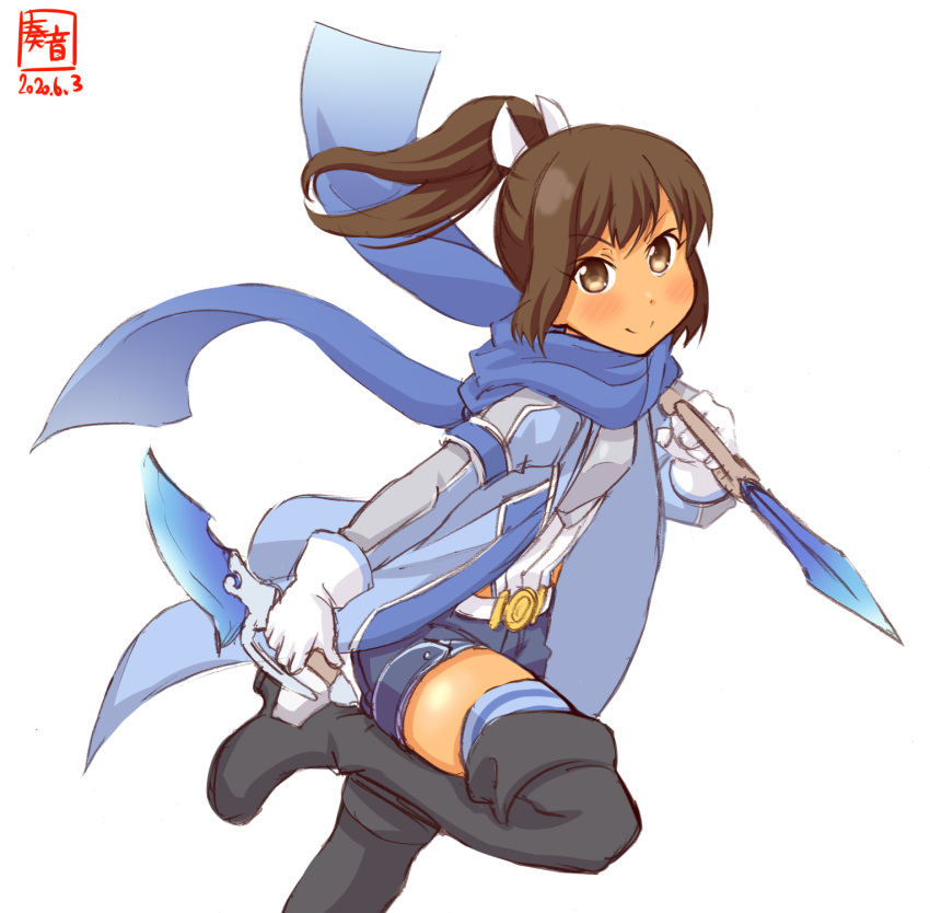 1girl artist_logo black_footwear blue_jacket blue_legwear blue_scarf blue_shorts boots brown_eyes brown_hair commentary_request cosplay cowboy_shot dagger dated dual_wielding gloves hair_ornament hairclip highres holding i-401_(kantai_collection) itai_no_wa_iya_nano_de_bougyoryoku_ni_kyokufuri_shitai_to_omoimasu jacket kanon_(kurogane_knights) kantai_collection long_hair look-alike looking_at_viewer ponytail running sally_(bofuri) sally_(bofuri)_(cosplay) scarf short_ponytail shorts simple_background solo striped striped_legwear tan thigh-highs thigh_boots weapon white_background white_gloves