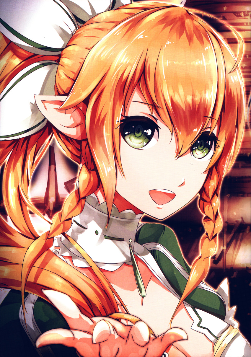 1girl absurdres beancurd green_eyes hair_ornament highres leafa light_brown_hair long_hair looking_at_viewer open_mouth photoshop_(medium) ponytail solo sword_art_online