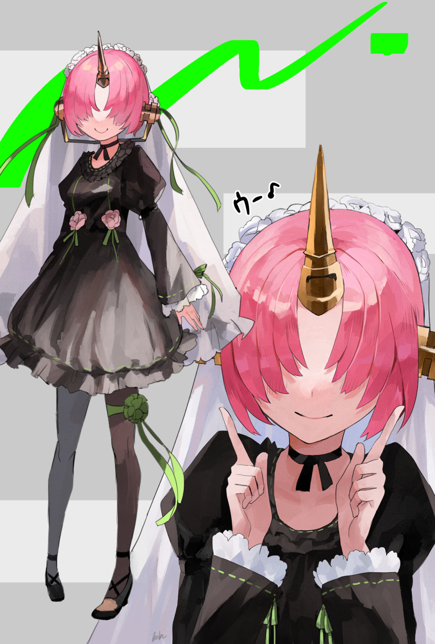 1girl bangs bebe_pp black_choker black_dress black_footwear black_legwear blush breasts choker commentary_request double_bun dress fate/grand_order fate_(series) flower frankenstein's_monster_(fate) frills hair_ornament hair_over_one_eye highres horn long_sleeves looking_at_viewer pantyhose pink_flower pink_hair short_hair smile solo