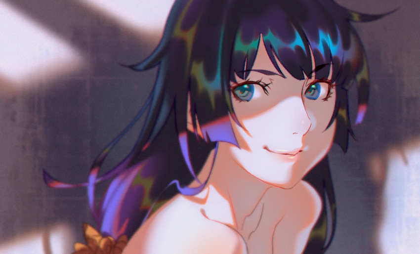 1girl bakemonogatari bangs bare_shoulders blue_eyes blurry close-up closed_mouth commentary_request depth_of_field eyebrows_visible_through_hair eyelashes face film_grain leaning_forward long_hair looking_at_viewer monogatari_(series) portrait purple_hair rapa_rachi senjougahara_hitagi shaded_face shadow sidelocks smile solo