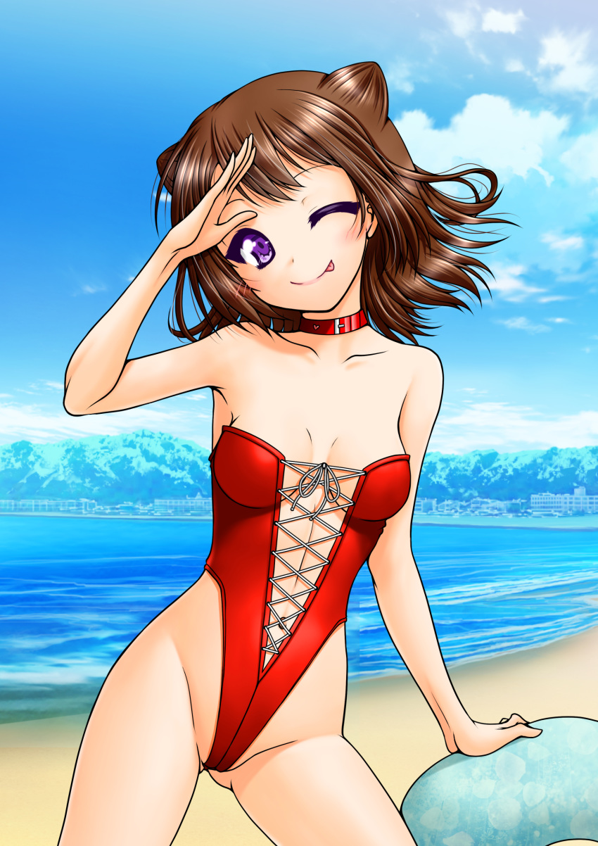1girl akanako bang_dream! beach blue_sky breasts brown_hair casual_one-piece_swimsuit choker clouds collarbone commentary_request day highleg highleg_swimsuit highres looking_at_viewer ocean one-piece_swimsuit one_eye_closed outdoors red_swimsuit salute sky small_breasts solo standing swimsuit tongue tongue_out toyama_kasumi violet_eyes