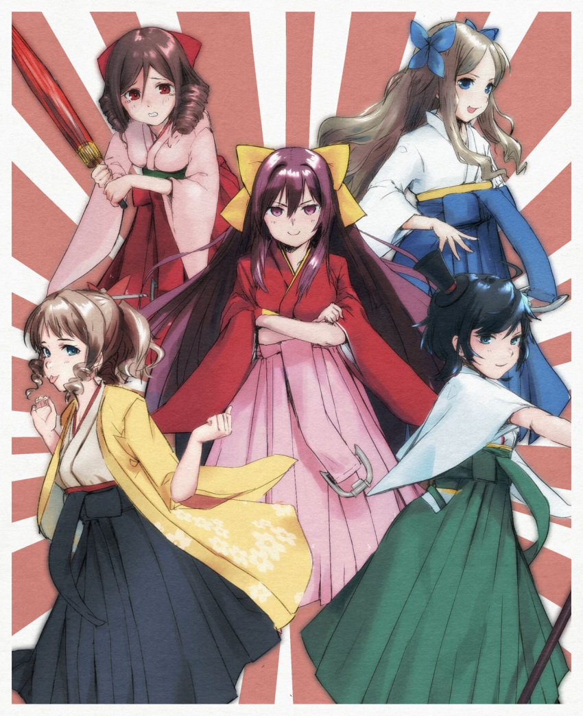 5girls asakaze_(kantai_collection) bangs black_hair black_hakama blue_bow blue_hakama bow breasts brown_hair closed_mouth crossed_arms drill_hair floral_print green_hakama hair_bow hakama harukaze_(kantai_collection) hat hatakaze_(kantai_collection) highres holding japanese_clothes kamikaze_(kantai_collection) kantai_collection kimono light_brown_hair long_hair matsukaze_(kantai_collection) meiji_schoolgirl_uniform mini_hat mini_top_hat multiple_girls open_mouth pink_hakama ponytail purple_hair red_bow red_hakama sakieko short_hair smile tears tongue tongue_out top_hat twin_drills wide_sleeves yellow_bow