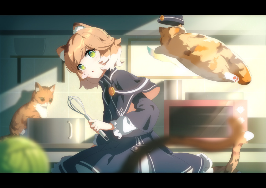 1girl animal_ear_fluff animal_ears arknights black_capelet black_dress blurry capelet cat cat_ears chinese_commentary cowboy_shot depth_of_field dress eyebrows_visible_through_hair green_eyes highres holding_whisk indoors jumping kagura_tohru letterboxed looking_at_viewer microwave mousse_(arknights) multicolored_hair open_mouth orange_hair pot short_hair solo streaked_hair sunlight two-tone_hair whisk white_hair