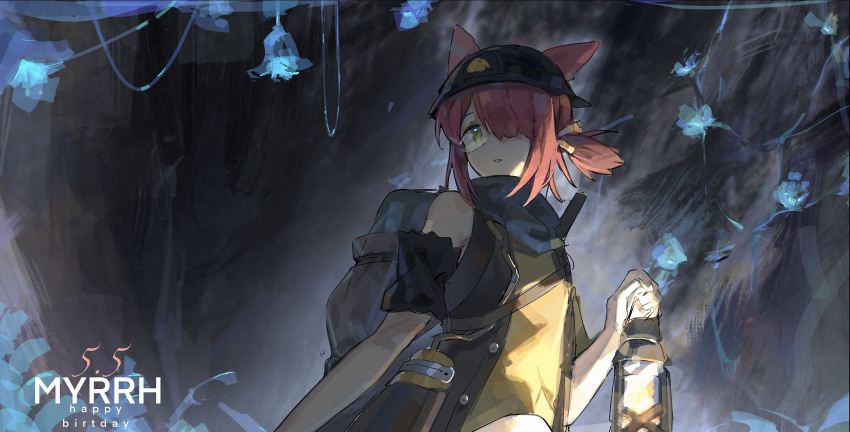 1girl animal_ears arknights arm_cuffs asymmetrical_hair backpack bag bangs black_coat black_headwear breasts cave character_name chinese_commentary coat cowboy_shot fox_ears glasses green_eyes hair_over_one_eye happy_birthday helmet highres kagura_tohru lantern looking_at_viewer myrrh_(arknights) open_clothes open_coat parted_bangs redhead rimless_eyewear shirt short_hair side_ponytail sleeveless small_breasts solo yellow_shirt