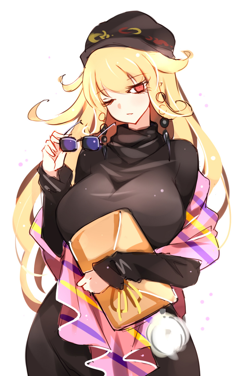 1girl black_dress black_headwear blonde_hair breasts dress earrings eyelashes hat highres jewelry junko_(touhou) large_breasts long_hair looking_at_viewer one_eye_closed raptor7 red_eyes shawl simple_background solo sunglasses touhou turtleneck upper_body white_background