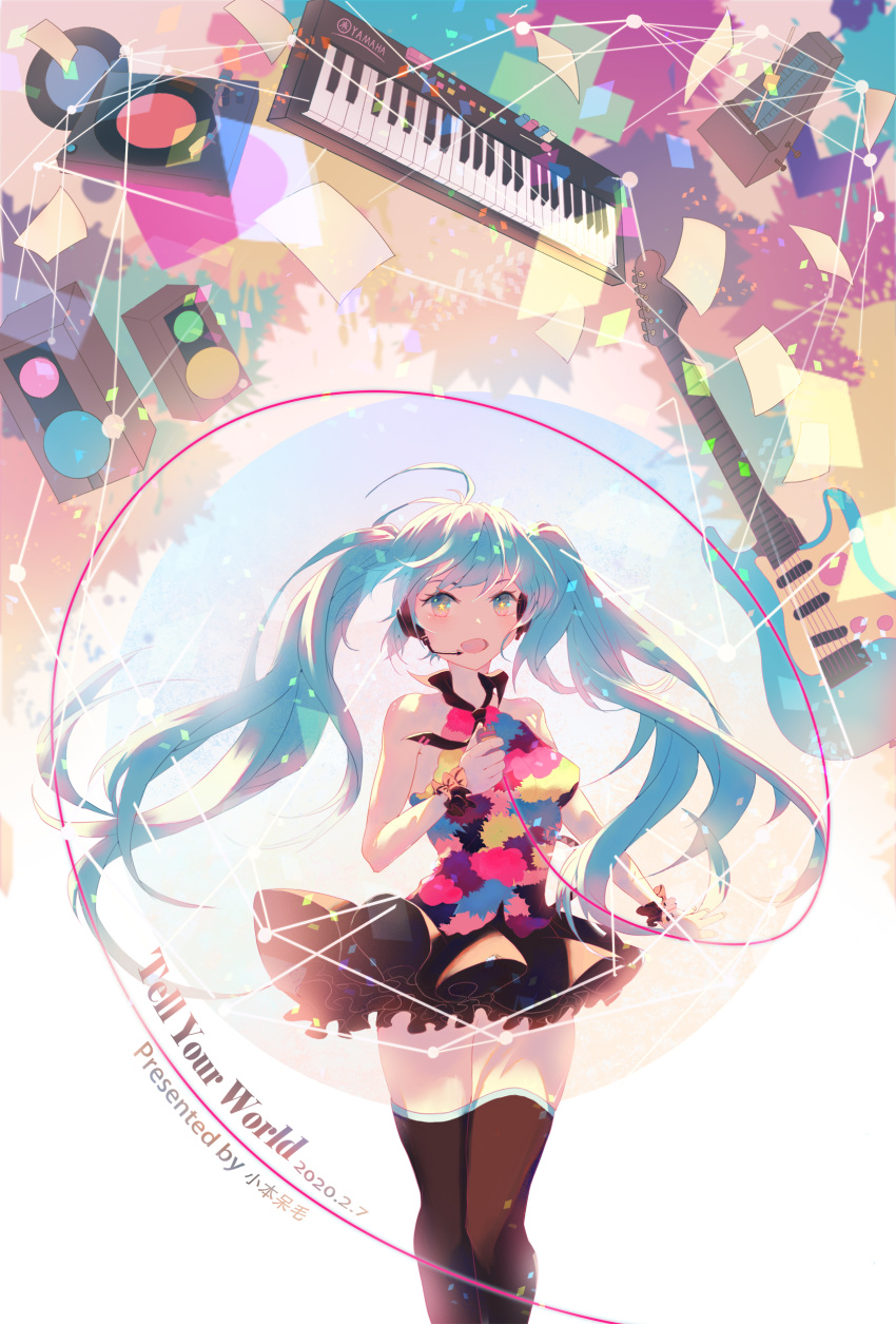 1girl absurdres ahoge aqua_eyes aqua_hair artist_name bare_shoulders black_legwear black_skirt cable colorful commentary confetti cowboy_shot dated dots electric_guitar frilled_skirt frills geometry guitar hatsune_miku headphones headset highres holding holding_microphone instrument keyboard_(instrument) lines long_hair looking_at_viewer making-of_available metronome microphone miniskirt multicolored_shirt open_mouth outstretched_arm phonograph scrunchie shirt skirt sleeveless sleeveless_shirt smile solo song_name speaker standing tell_your_world_(vocaloid) thigh-highs turntable twintails very_long_hair vocaloid wrist_scrunchie xiaoben_daimao zettai_ryouiki