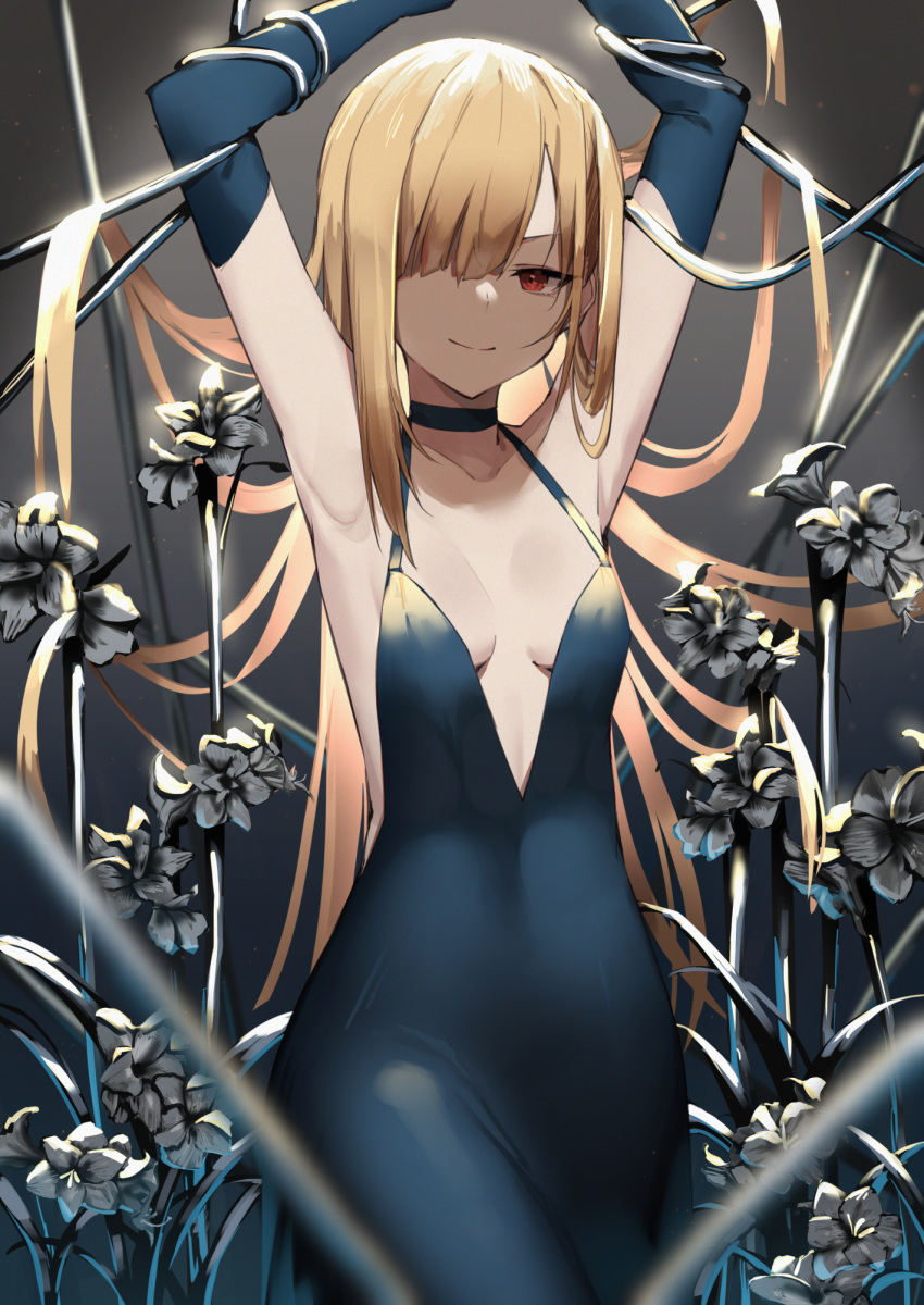 1girl armpits arms_up bare_shoulders blonde_hair blue_dress blue_gloves blurry breasts choker cocktail_dress collarbone cowboy_shot depth_of_field dress elbow_gloves fate/grand_order fate_(series) flower gloves hair_over_one_eye highres long_hair looking_at_viewer lord_el-melloi_ii_case_files red_eyes reines_el-melloi_archisorte restrained sleeveless sleeveless_dress small_breasts smile smirk solo spaghetti_strap standing v-shaped_eyebrows yuuuuu