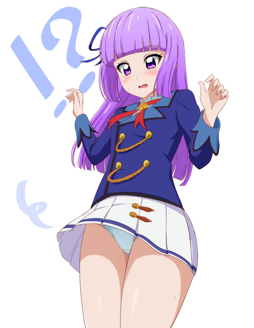 !? 1girl acchi_(koiyimknp) aikatsu! aikatsu!_(series) bangs blue_jacket blue_panties blue_ribbon blunt_bangs blush cowboy_shot eyebrows_visible_through_hair hair_ribbon highres hikami_sumire jacket long_hair long_sleeves miniskirt neck_ribbon open_mouth panties pantyshot pink_eyes pleated_skirt purple_hair red_ribbon ribbon shiny shiny_hair simple_background skirt solo standing starlight_academy_uniform straight_hair sweatdrop underwear uniform wavy_mouth white_background white_skirt