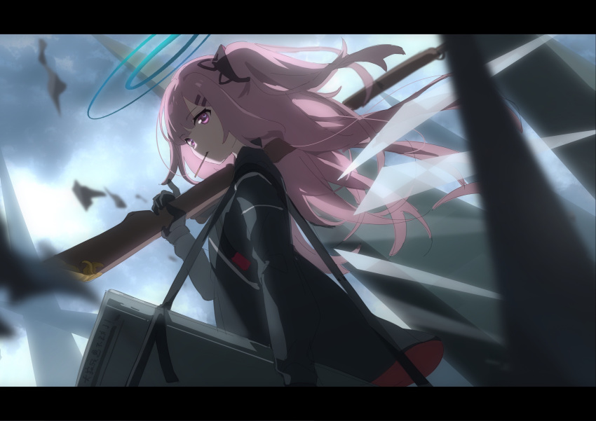 1girl ambriel_(arknights) anime_coloring arknights black_coat black_gloves blurry carrying chinese_commentary clouds cloudy_sky coat cowboy_shot day depth_of_field detached_wings eyebrows_visible_through_hair food gloves gun hair_ornament hairclip halo highres holding holding_gun holding_weapon kagura_tohru letterboxed long_hair looking_at_viewer mouth_hold outdoors pink_eyes pink_hair pocky rifle side_ponytail sky solo strap weapon wings