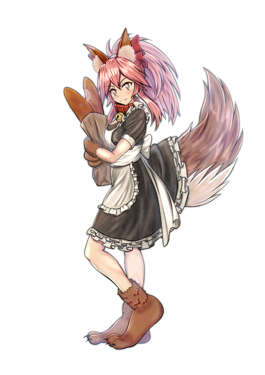 1girl absurdres alternate_costume animal_ear_fluff animal_ears apron auglish bell bell_collar blush breasts cat_paws chopsticks collar commentary commentary_request enmaided eyebrows_visible_through_hair fate/grand_order fate_(series) fox_ears fox_girl fox_tail frills gloves hair_ribbon highres jingle_bell large_breasts long_hair looking_at_viewer maid maid_apron maid_dress paw_gloves paw_shoes paws pink_hair ponytail red_ribbon ribbon shoes solo tail tamamo_(fate)_(all) tamamo_cat_(fate) waist_apron white_apron yellow_eyes