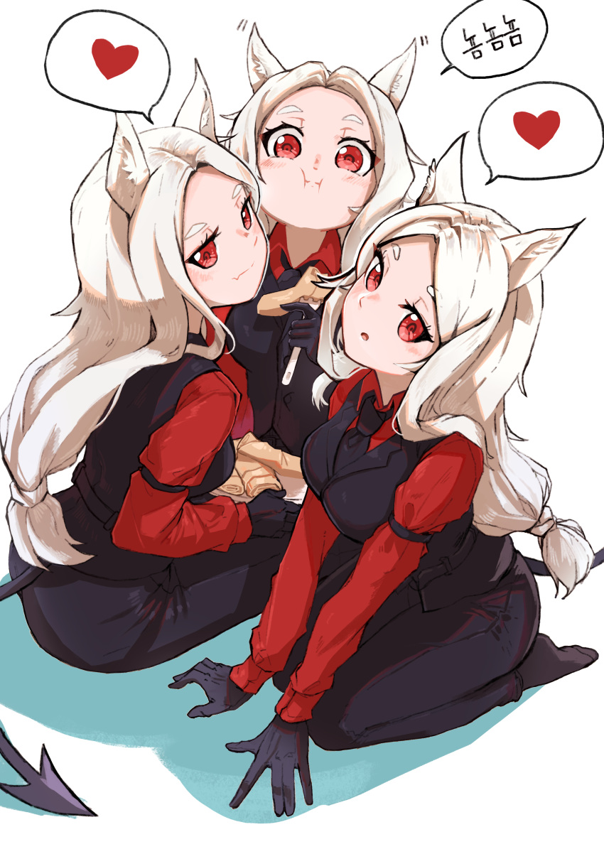 3girls :i :o absurdres animal_ears black_gloves black_legwear black_pants black_vest cerberus_(helltaker) chopark demon_girl demon_tail eating eyelashes fangs food gloves hair_tie heart helltaker highres long_hair looking_at_viewer low-tied_long_hair matching_outfit multiple_girls pancake pants puffy_cheeks red_eyes red_shirt shirt simple_background sitting skin_fangs spoken_heart tail very_long_hair vest white_background white_hair wolf_ears