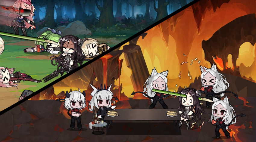 &gt;_&lt; 6+girls ahoge animal_ears bamboo bangs black_hair black_skirt blonde_hair blunt_bangs cerberus_(helltaker) chibi closed_mouth crossed_arms crossover cup demon_girl demon_horns demon_tail dog_ears dreamer_(girls_frontline) food girls_frontline glass gloves glowing glowing_eye green_hair gun hat helltaker highres holding holding_cup holding_gun holding_weapon horns long_hair lucifer_(helltaker) lying m3_grease_gun_(girls_frontline) malina_(helltaker) multiple_girls ntw-20_(girls_frontline) on_back on_stomach open_mouth pancake pink_hair red_eyes sangvis_ferri short_hair silver_hair sitting skirt standing tail the_mad_mimic triplets weapon white_gloves