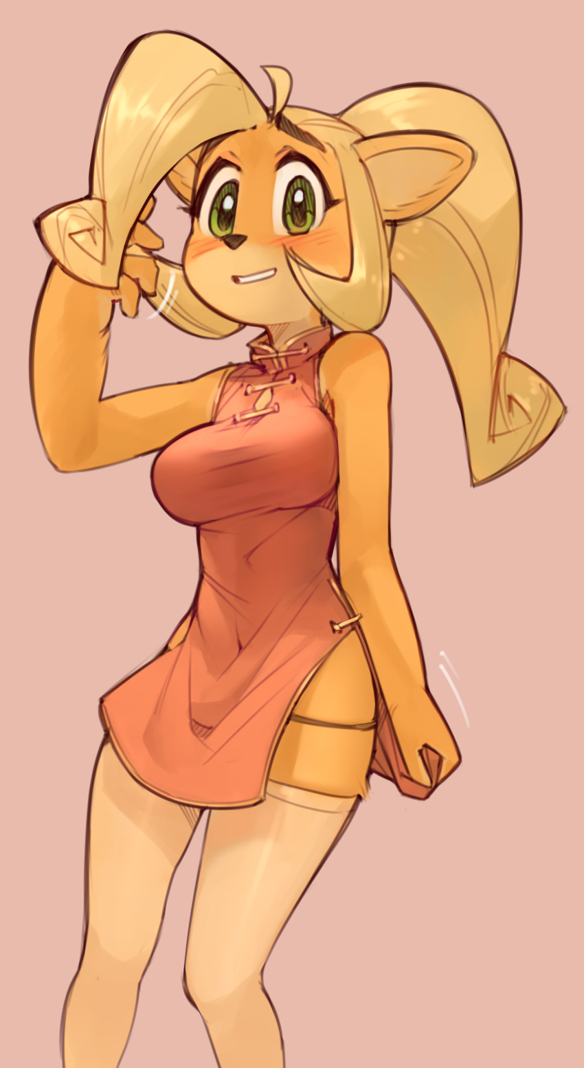 1girl absurdres ahoge alternate_costume animal_ears arm_up bare_shoulders black_panties blonde_hair blush breasts china_dress chinese_clothes coco_bandicoot crash_bandicoot dress dress_tug embarrassed english_commentary furry green_eyes happy highres huge_ahoge large_breasts long_hair looking_at_viewer motion_lines no_humans panties pink_background ponytail red_dress shiny shiny_clothes shiny_hair side_slit simple_background skindentation sleeveless sleeveless_dress smile solo standing string_panties teeth thigh-highs tied_hair underwear wamudraws white_legwear