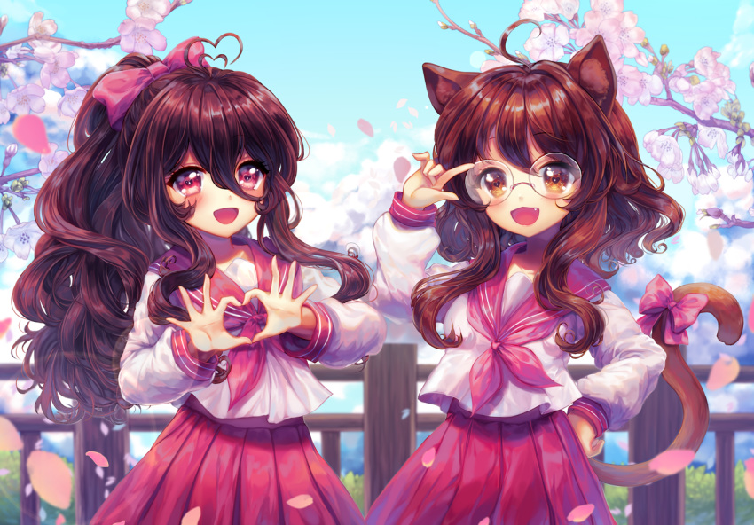 2girls adjusting_eyewear ahoge animal_ears blush bow brown_hair cat_ears cat_girl cat_tail cherry_blossoms collaboration collarbone day eyebrows_visible_through_hair fang glasses hair_between_eyes hair_bow hand_on_hip heart heart_ahoge heart_hands kirakipeachy long_hair long_sleeves looking_at_viewer lucky_star messy_hair multiple_girls neckerchief oma-chi open_mouth original outdoors pink_bow pink_eyes pleated_skirt ponytail red_neckwear red_skirt round_eyewear shirt sidelocks skirt smile tail tail_bow wavy_hair white_shirt