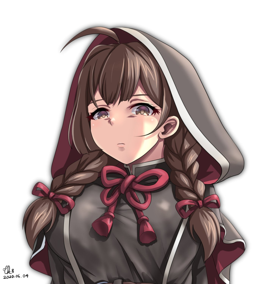 1girl black_capelet braid breasts brown_hair capelet commentary_request dated highres hood hood_up hooded_capelet kantai_collection large_breasts long_hair looking_at_viewer shinshuu_maru_(kantai_collection) signature simple_background solo tk8d32 twin_braids white_background
