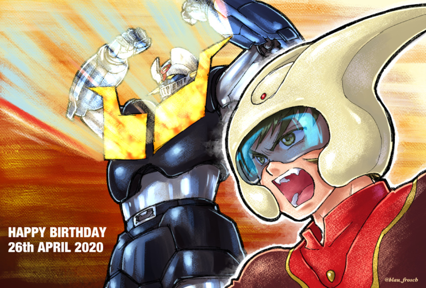 1boy 2020 angie_(kani-ga-tobuna) angry antennae brown_hair commentary_request dated energy energy_beam fangs firing kabuto_kouji mazinger_z mazinger_z_(mecha) mecha pilder pilot_helmet pilot_suit pilot_uniform redesign science_fiction shiny shouting sideburns signature super_robot teeth visor