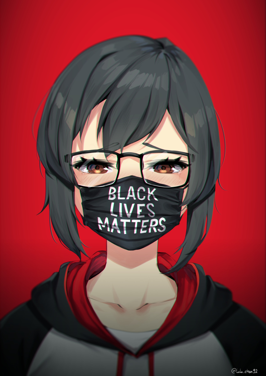 1girl absurdres bangs black-framed_eyewear black_hair black_lives_matter blush brown_eyes clothes_writing collarbone commentary covered_mouth crying crying_with_eyes_open drawstring english_commentary english_text glasses gradient gradient_background highres hood hood_down hoodie lulu-chan92 mask mouth_mask original portrait red_background short_hair sidelocks solo tears twitter_username typo