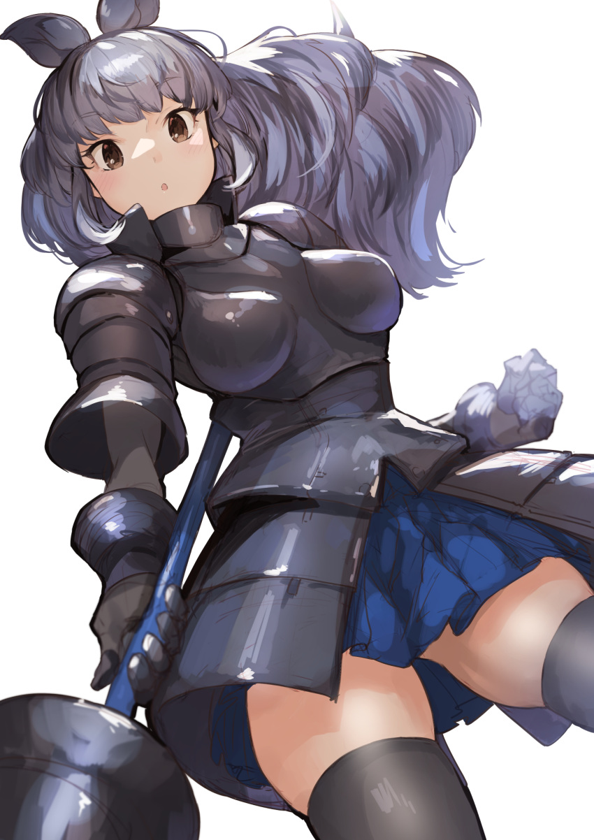 1girl animal_ears armor black_armor black_hair black_legwear black_rhinoceros_(kemono_friends) blue_skirt breastplate commentary_request cowboy_shot faulds gauntlets highres horn_lance kemono_friends koruse lance long_hair looking_at_viewer pauldrons pleated_skirt polearm rhinoceros_ears rhinoceros_girl rhinoceros_tail shoulder_armor skirt solo thigh-highs weapon zettai_ryouiki