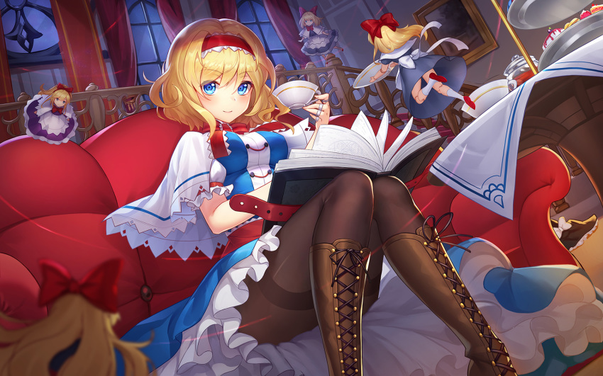 alice_margatroid bangs black_legwear blonde_hair blue_dress blue_eyes boots cowboy_shot cup dress eyebrows eyebrows_visible_through_hair hair_between_eyes hair_ornament hairband highres holding holding_cup looking_at_viewer pantyhose short_hair sitting smile sramy teacup touhou