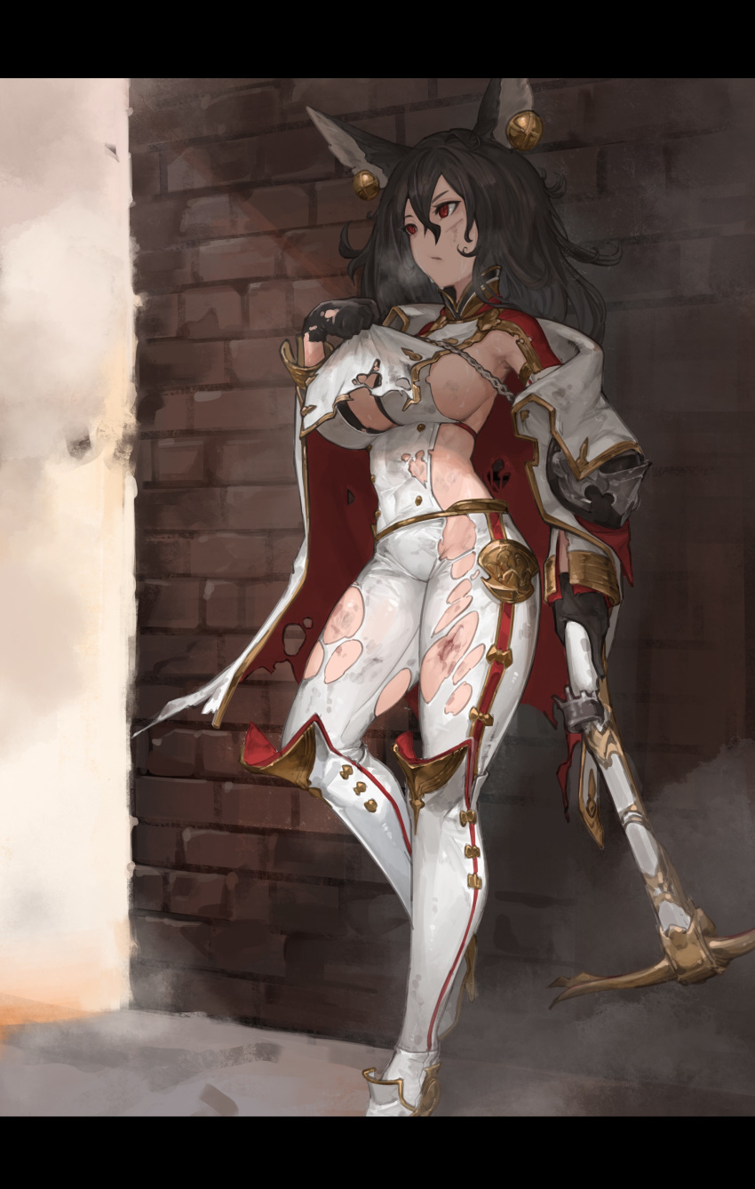 1girl absurdres animal_ears black_gloves black_hair blood blood_on_face blood_on_leg bowgun breasts brown_eyes cloak ear_piercing erune gloves granblue_fantasy hat hat_removed headwear_removed high_heels highres ilsa_(granblue_fantasy) injury large_breasts letterboxed military military_uniform n9+ piercing serious shadow sideboob solo sweat torn_clothes uniform