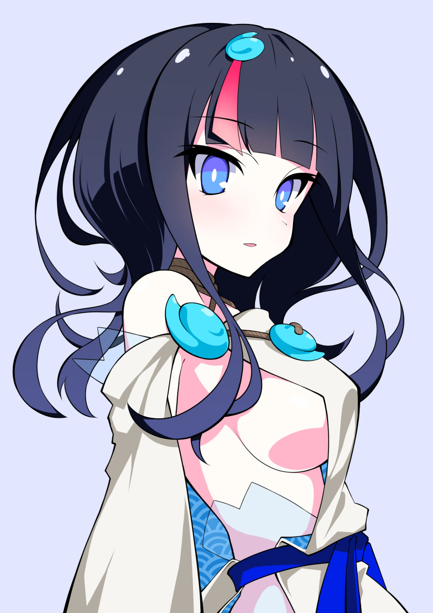 1girl absurdres bangs bare_shoulders black_hair blue_eyes blue_ribbon blush breasts dress fate/grand_order fate/requiem fate_(series) highres jewelry large_breasts long_sleeves looking_at_viewer magatama magatama_hair_ornament medium_hair multicolored_hair nagamon_(nagamon_0307) necklace parted_lips pink_hair puffy_long_sleeves puffy_sleeves ribbon short_dress sideboob sideless_outfit simple_background streaked_hair utsumi_erise white_dress