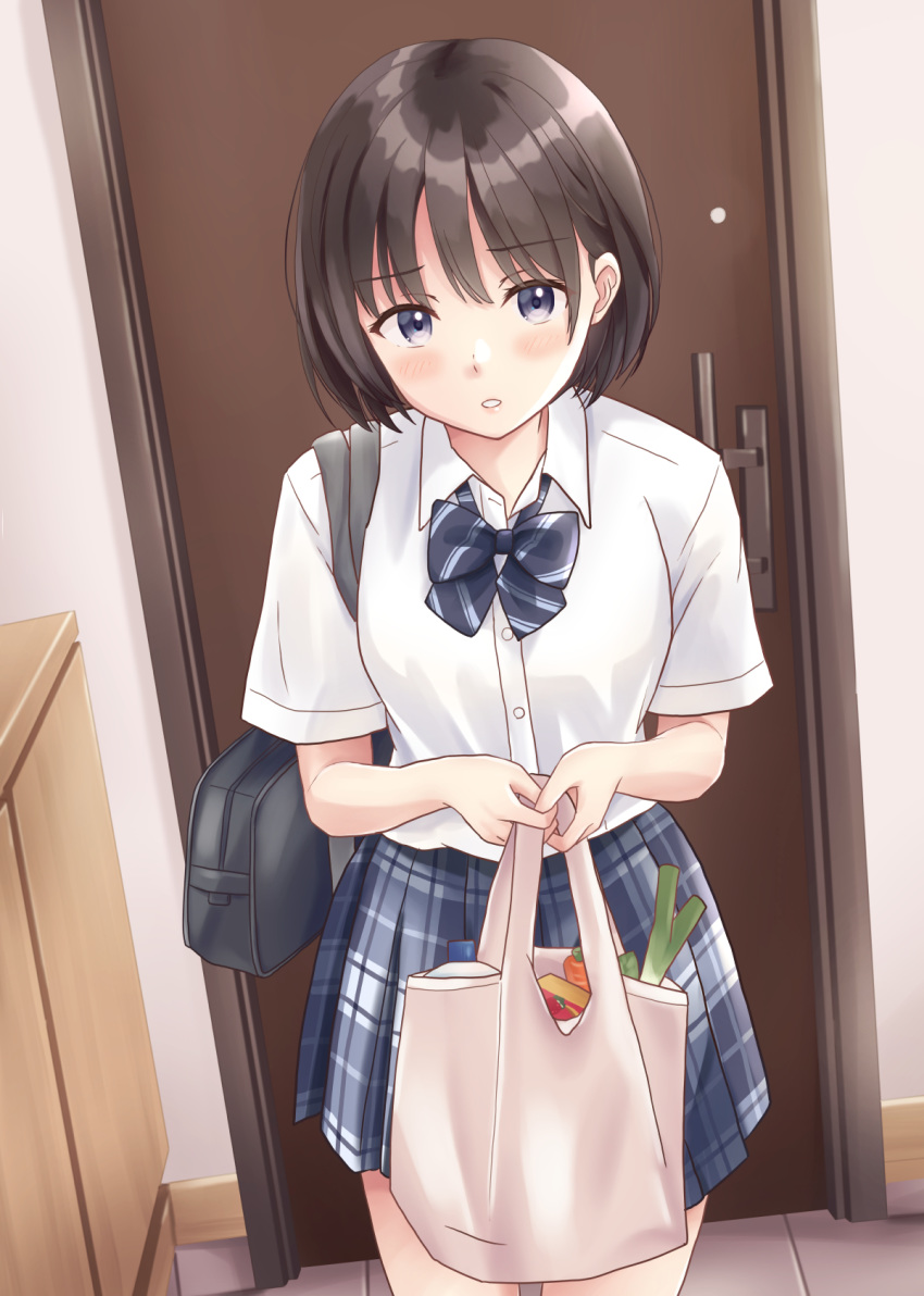 1girl bag bangs black_bow black_hair blue_eyes blue_skirt blush bow breasts collared_shirt commentary_request diagonal_stripes door dress_shirt eyebrows_visible_through_hair groceries highres holding holding_bag indoors looking_at_viewer original parted_lips plaid plaid_skirt pleated_skirt school_bag school_uniform shirt short_sleeves skirt small_breasts solo standing striped striped_bow white_shirt yukimaru217