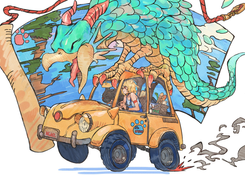 1girl animal bag bare_shoulders black_choker blonde_hair bread car cat choker closed_eyes closed_mouth driving english_text feathers food ground_vehicle highres map medium_hair motor_vehicle open_eyes open_mouth original oversized_animal paw_print smile spring_onion steam talons tongue tree you_(nanban319)