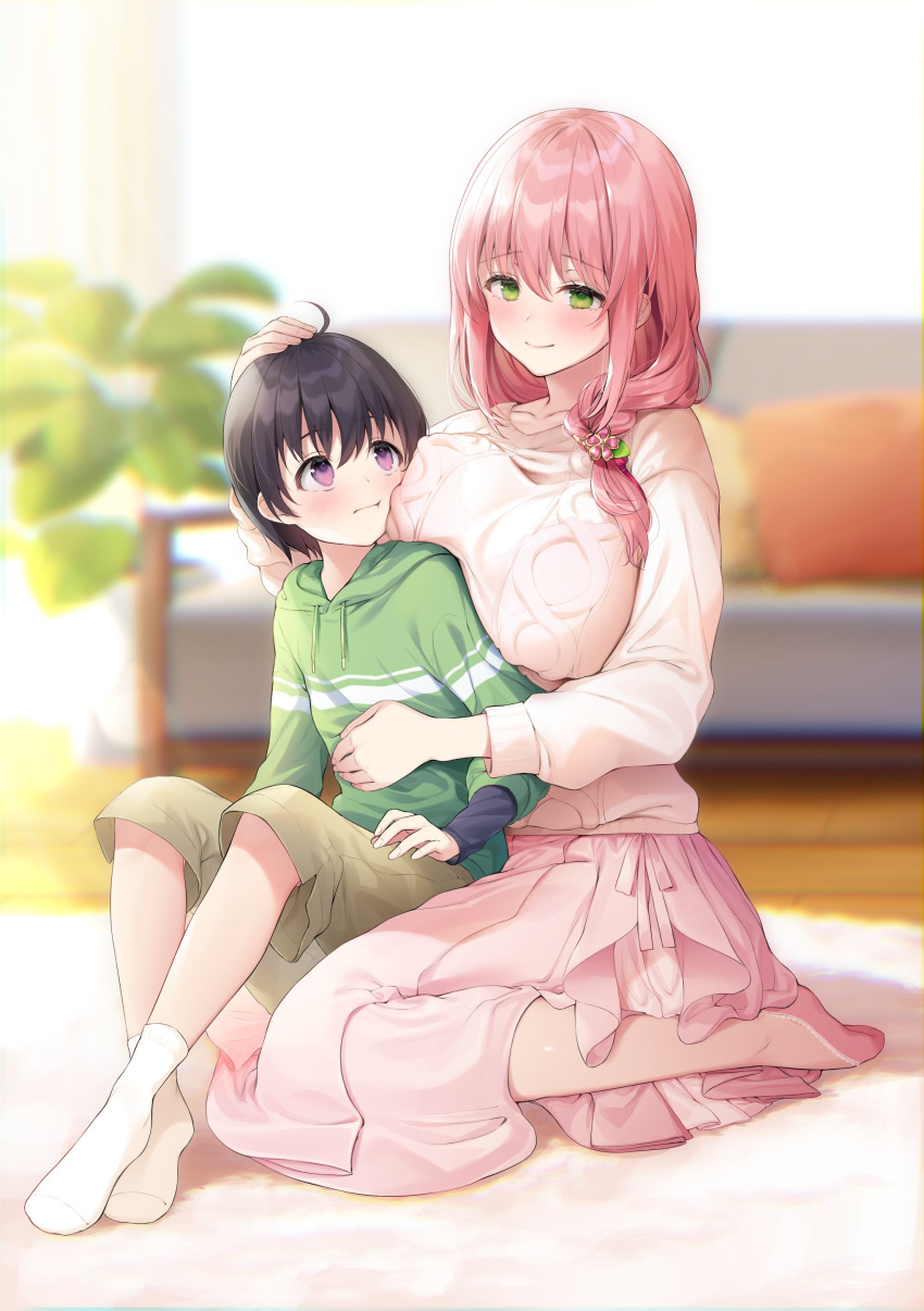 1boy 1girl absurdres ahoge bangs beige_shorts black_hair blurry blurry_background blush breast_press breasts closed_mouth commentary_request couch eyebrows_visible_through_hair green_eyes green_hoodie hair_between_eyes hand_on_another's_head highres hood hoodie indoors jiiwara large_breasts long_hair long_skirt looking_at_another low-tied_long_hair original pillow pink_hair pink_skirt pink_sweater plant shorts shota sitting skirt smile sweater violet_eyes wooden_floor