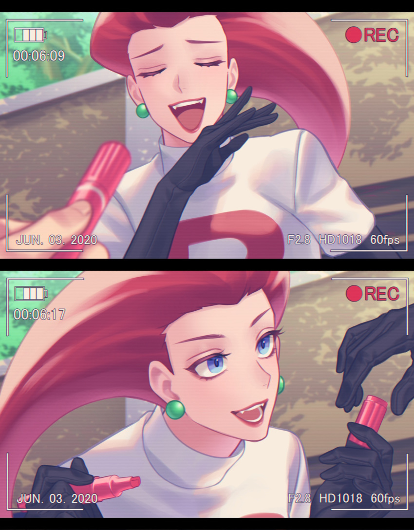 1girl :d battery_indicator black_gloves blue_eyes blurry closed_eyes commentary dated day depth_of_field earrings eyelashes fangs gi_xxy gloves hair_slicked_back hand_to_own_mouth highres holding_marker jewelry laughing letterboxed lips lipstick long_hair makeup marker multiple_views musashi_(pokemon) open_mouth outdoors pokemon pokemon_(anime) pov purple_hair recording smile solo_focus team_rocket_uniform uniform upper_body