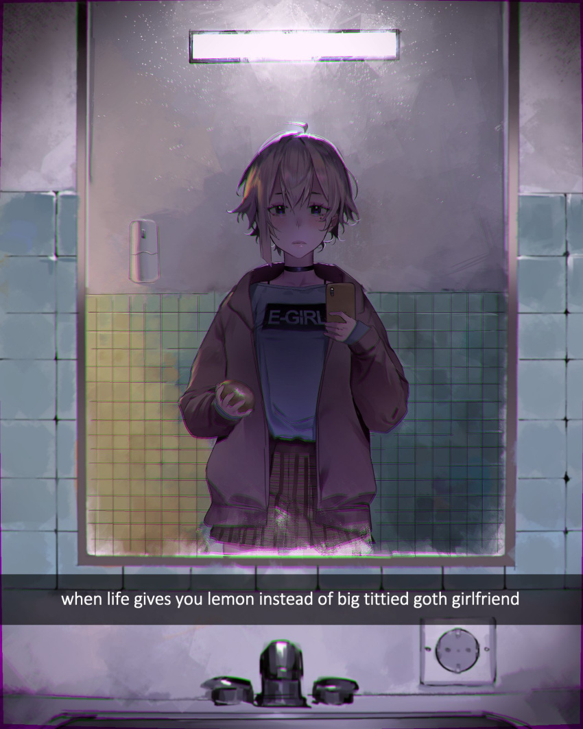 1girl ahoge bathroom black_choker black_eyes blush brown_jacket brown_skirt cellphone choker closed_mouth clothes_writing commentary cowboy_shot electric_socket english_commentary english_text faucet food fruit godekasu hand_up highres holding holding_phone jacket lemon long_sleeves looking_at_viewer mirror open_clothes open_jacket original phone pleated_skirt reflection sad self_shot short_hair sink skirt smartphone soap_bottle solo standing tile_wall tiles wall_lamp