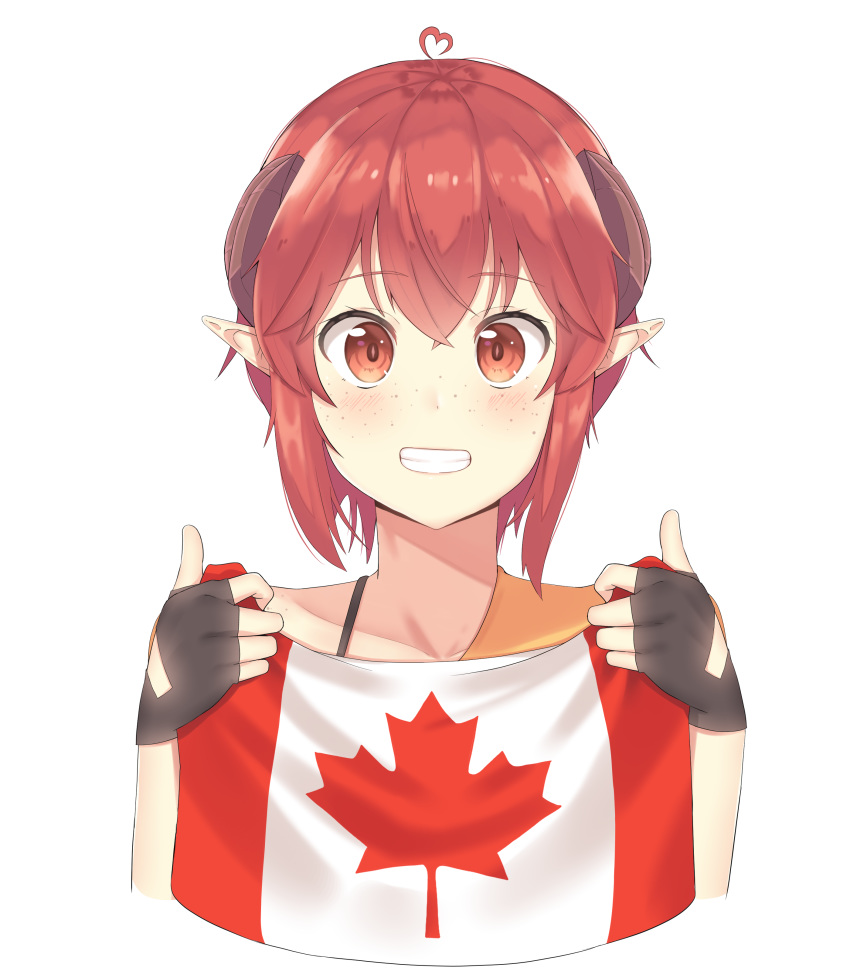 1girl absurdres aceofbros ahoge black_gloves blush bra_strap brown_eyes canadian_flag collarbone eyebrows_visible_through_hair fingerless_gloves flag freckles gloves grin heart_ahoge highres holding holding_flag looking_at_viewer original parted_lips pointy_ears redhead short_hair sidelocks smile solo teeth