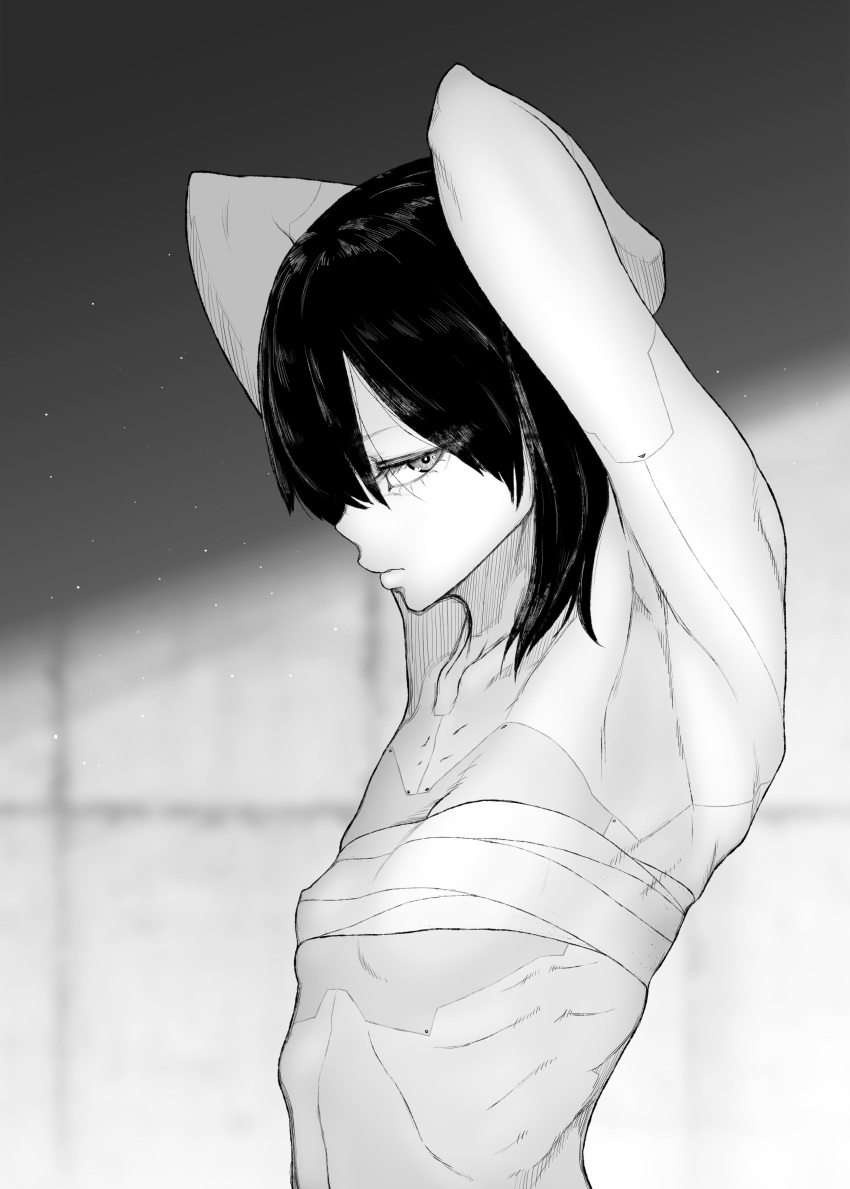 1girl absurdres arms_up bangs budget_sarashi collarbone eyelashes flat_chest from_side greyscale highres kaga_(kantai_collection) kantai_collection monochrome profile ribs sarashi solo stitches tocky upper_body